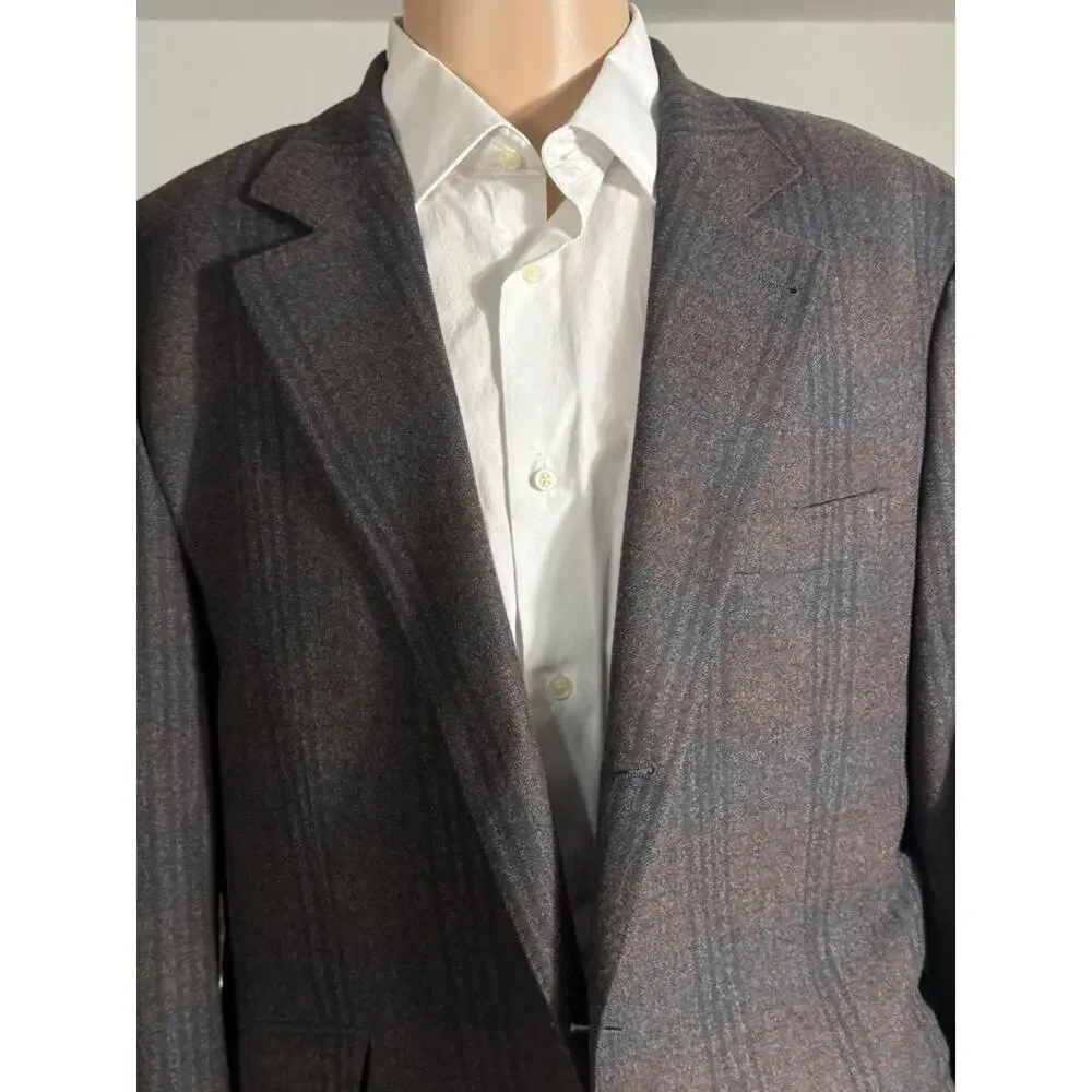 Brunello Cucinelli Burgundy Blue Flannel Plaid Blazer Jacket 54 44R Wool Cashmer